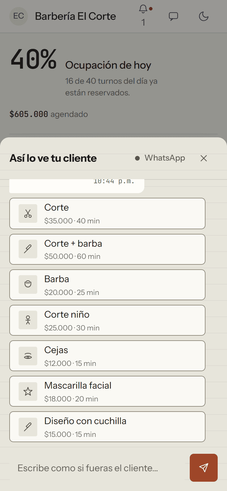 Agenda del día de una barbería de ejemplo en la app del barbero.
