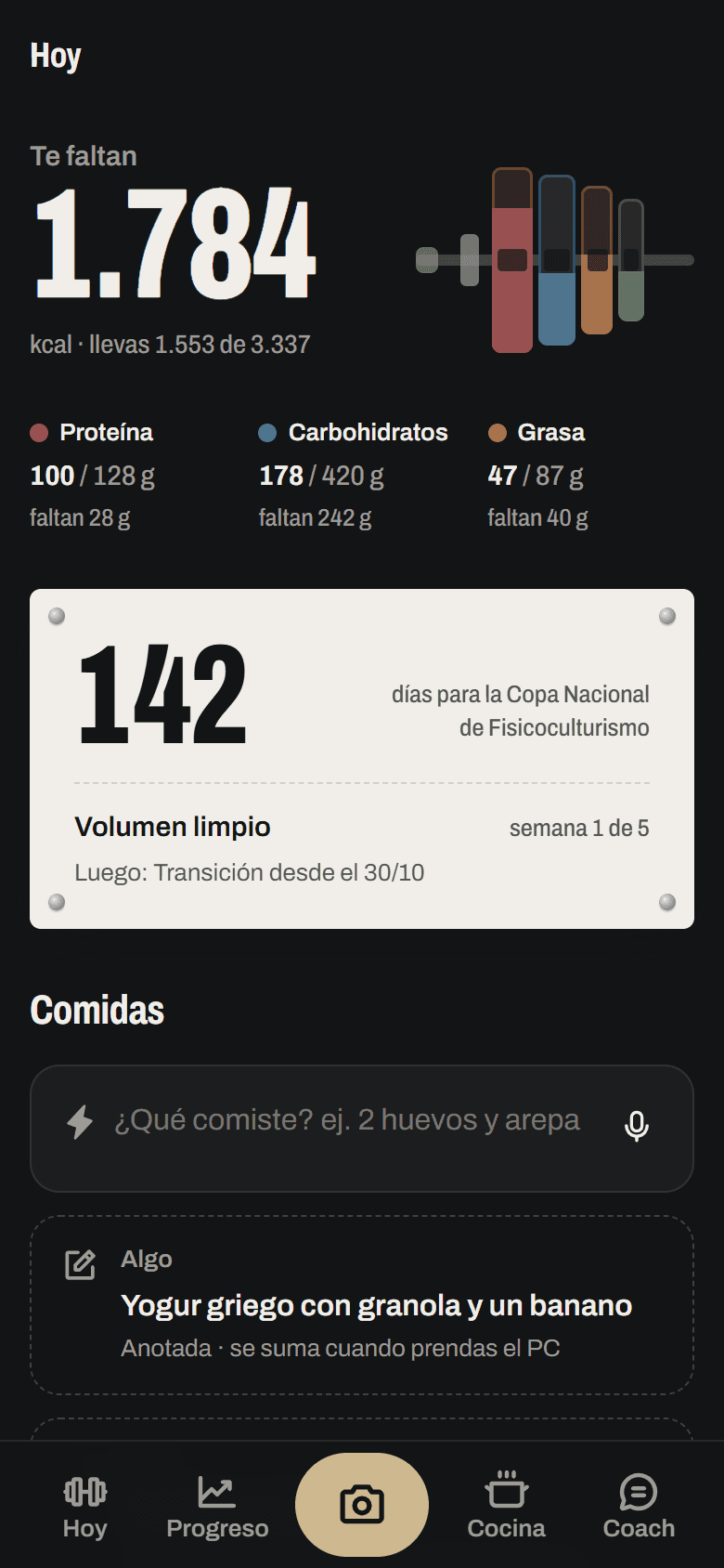 Pantalla con los macros del día frente al objetivo.