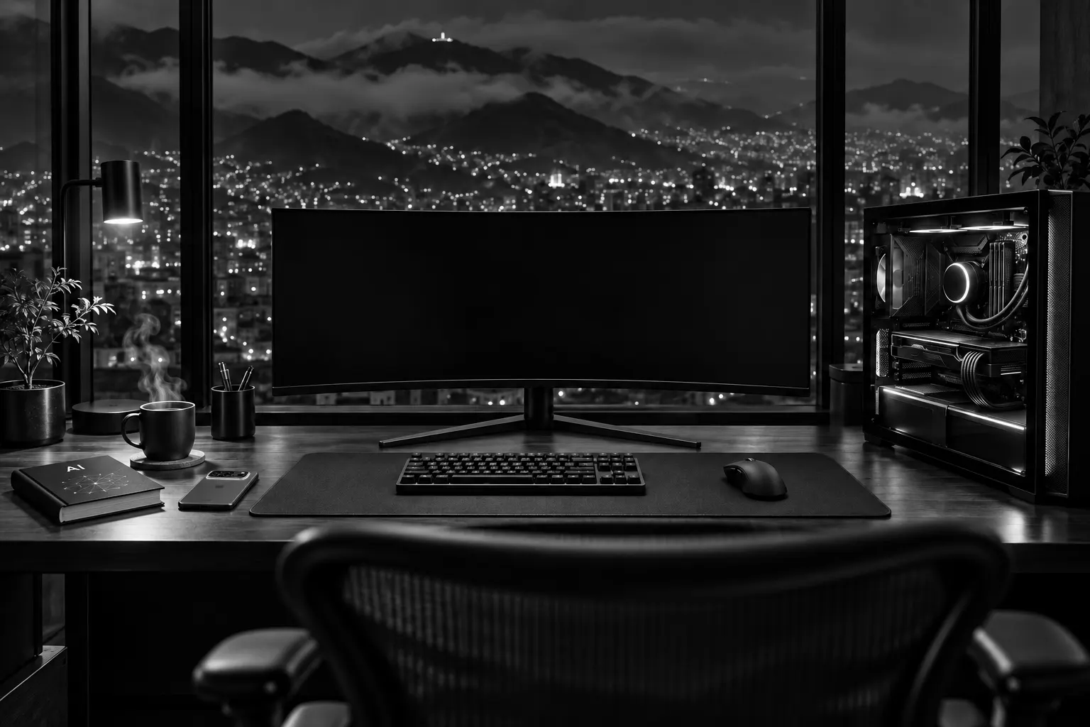 Fotografía en blanco y negro hecha con IA: un escritorio de noche con un monitor ultrawide, un PC gamer y la ciudad en las montañas al fondo. No es el escritorio real de Juan.